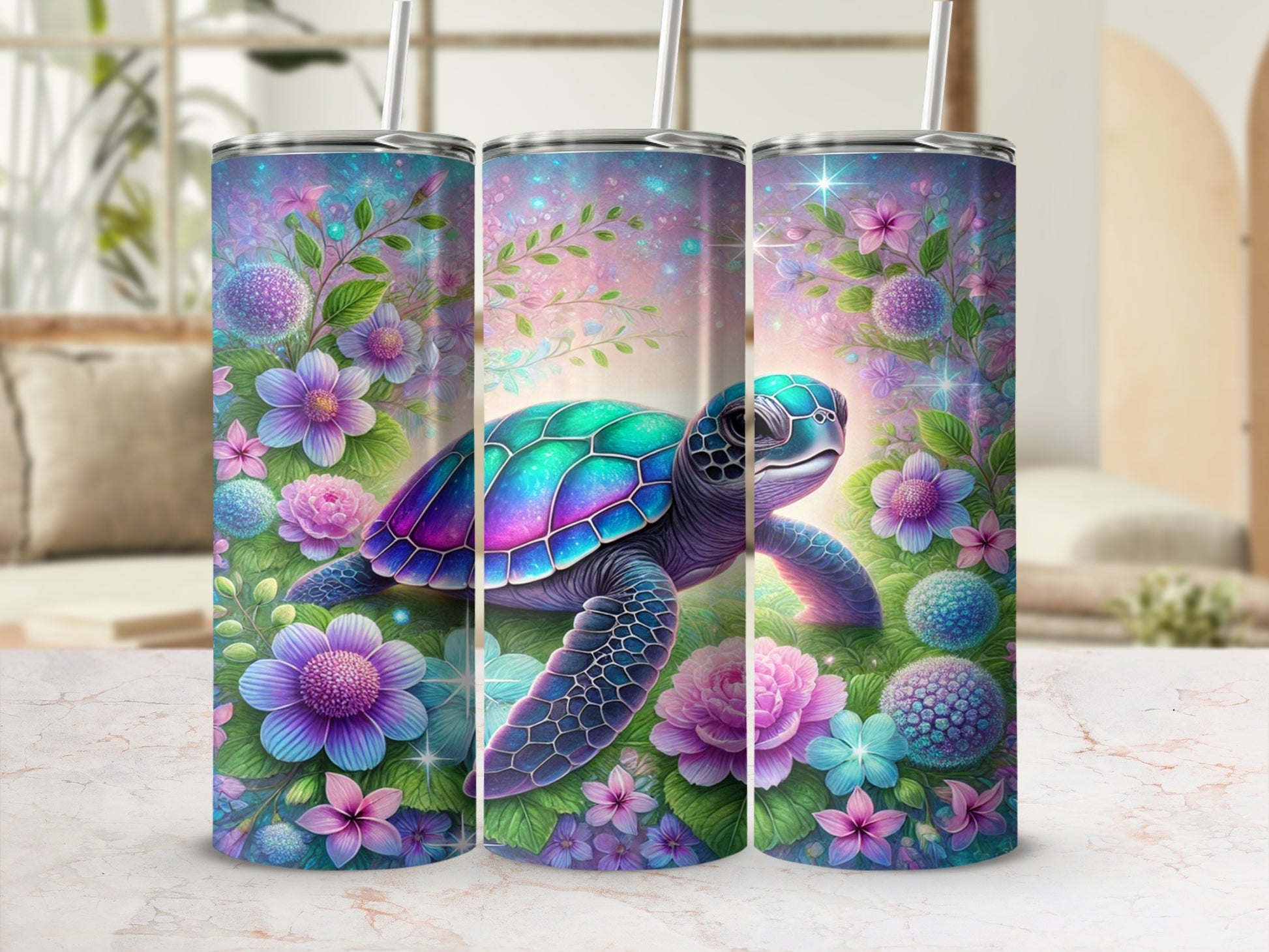 Colorful Turtle and Floral Design Insulated Tumbler