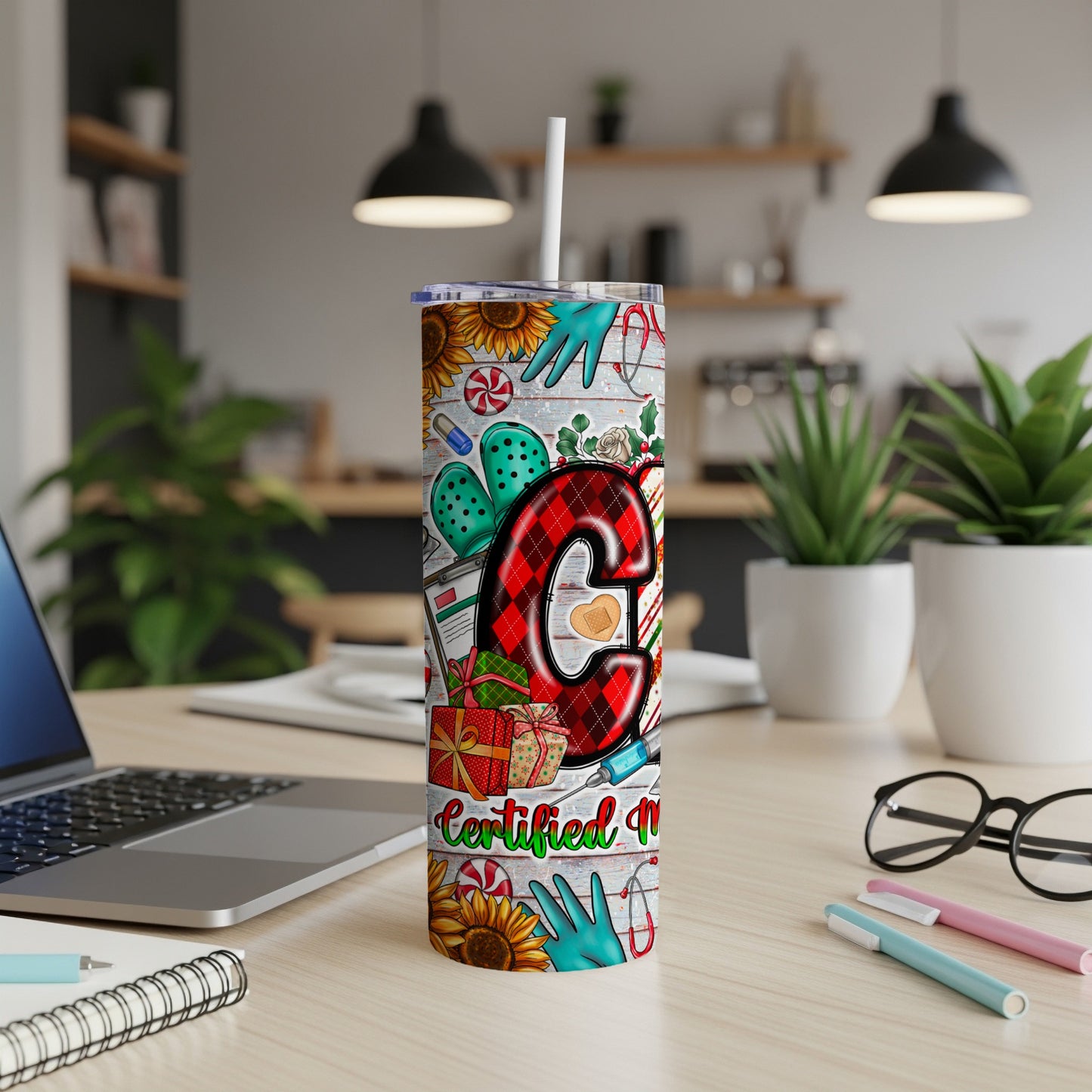 Personalized "Certified Nurse" tumbler with plaid, medical icons, and gift wrap.
