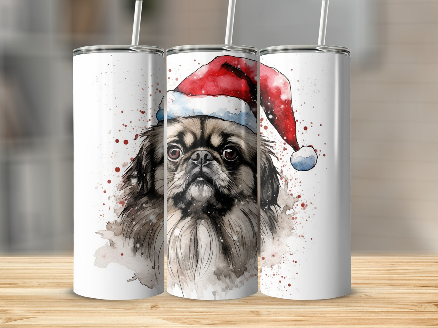 Watercolor Pekingese dog wearing a Santa hat.