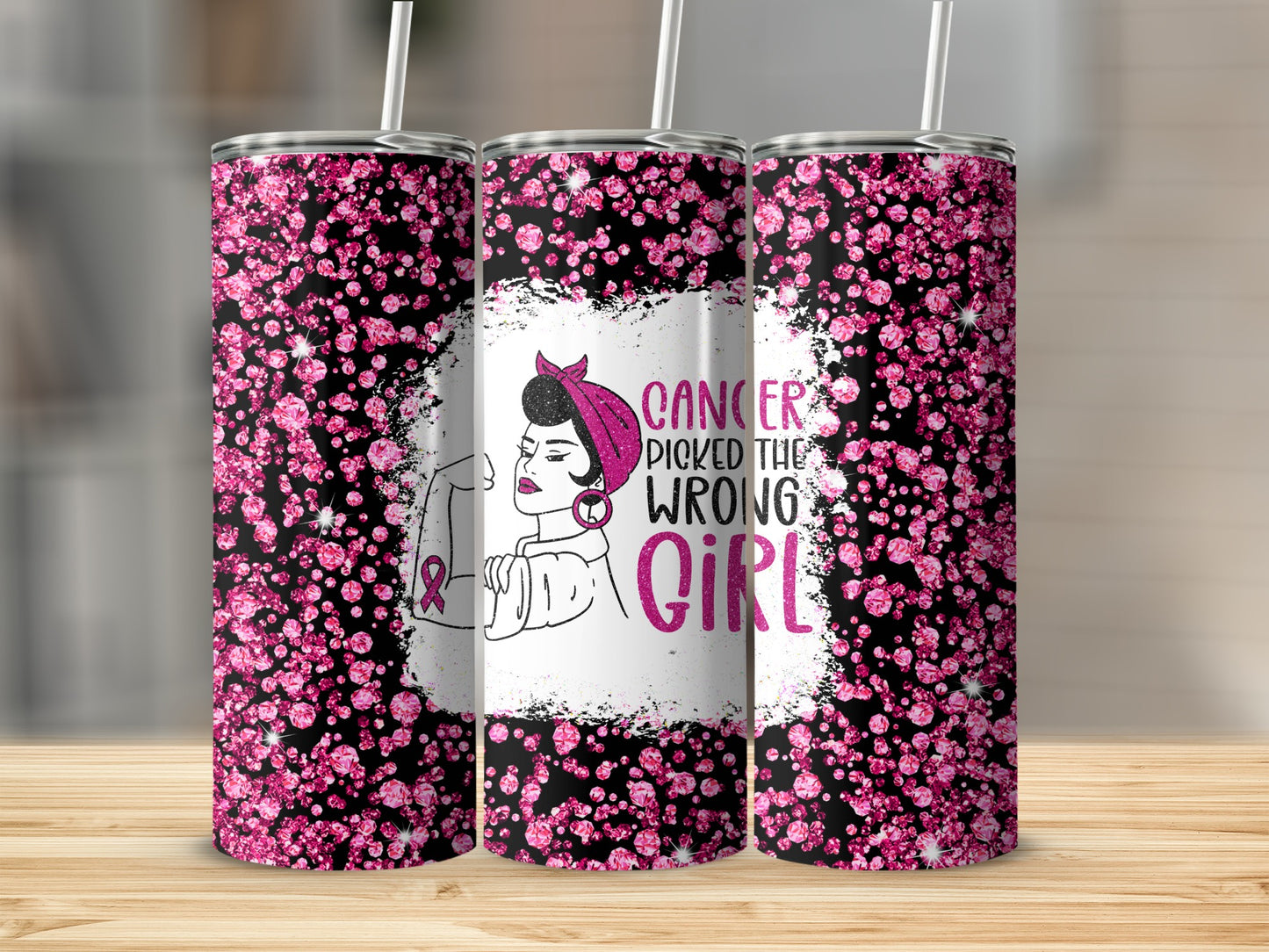 Pink glitter tumbler with "Cancer Picked the Wrong Girl" text and woman illustration.