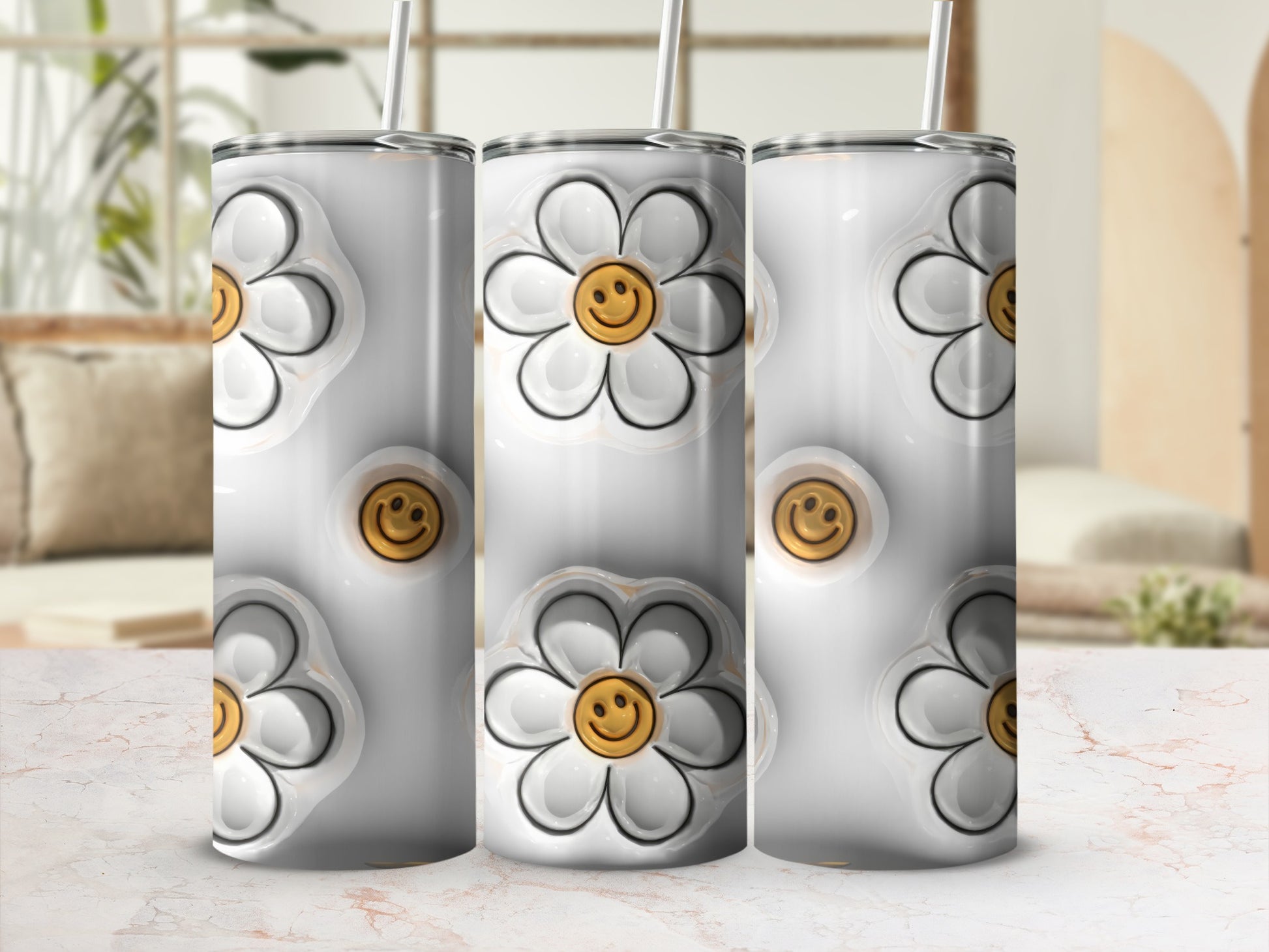 White Daisy Smiley Face Tumbler Cute Drinkware product type