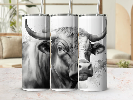 Black and white bull artwork on three tumblers with straws.