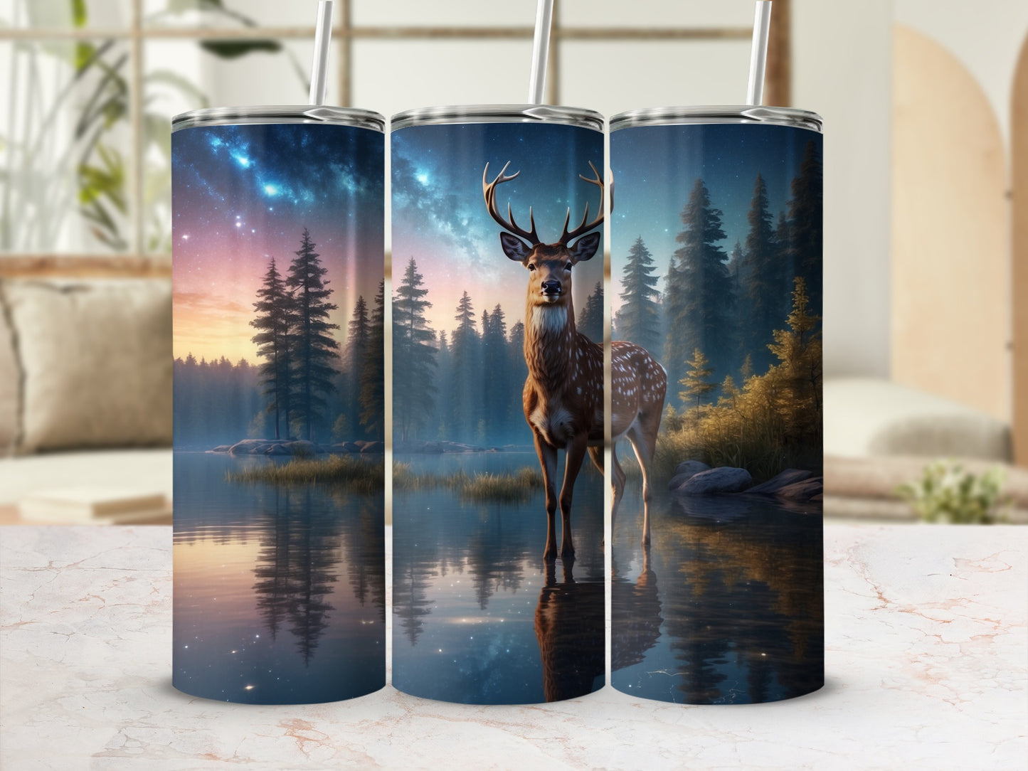 Deer in forest lake with starry sky and planet.