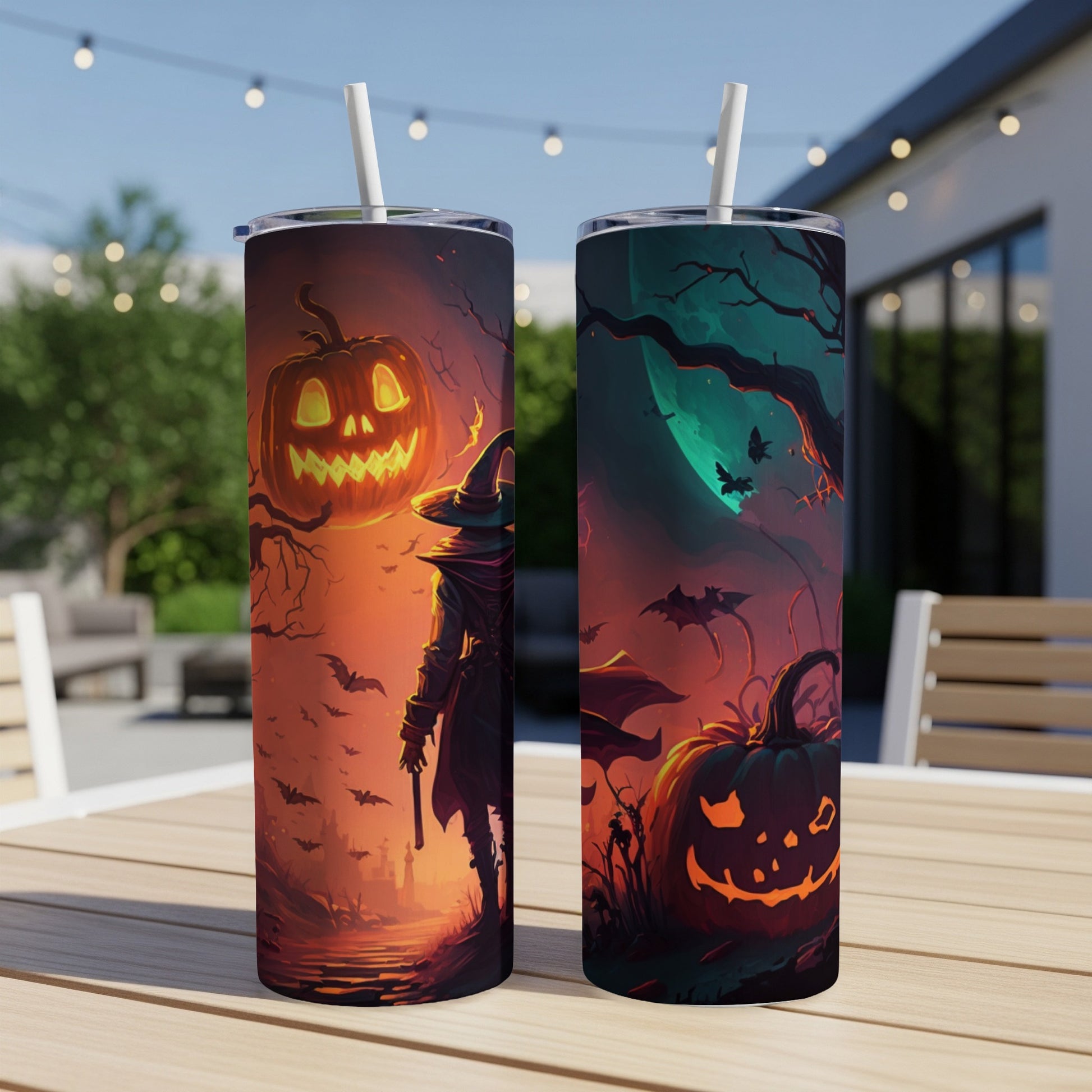 Two tumblers with Halloween witch and pumpkin designs, displayed outdoors on a table.