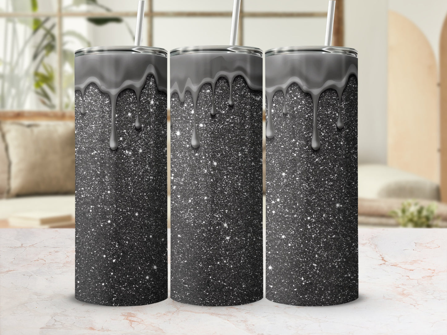 Glossy Grey and Black Dripping Glitter Tumblers
