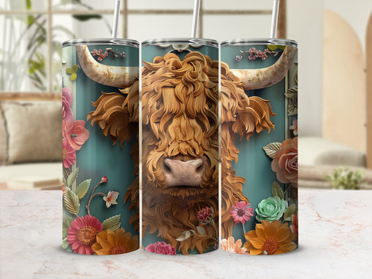 Highland cow with floral border on a teal background, three tumblers shown.