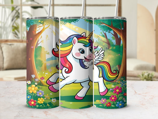 Whimsical unicorn with rainbow mane runs through a sunlit, floral forest.