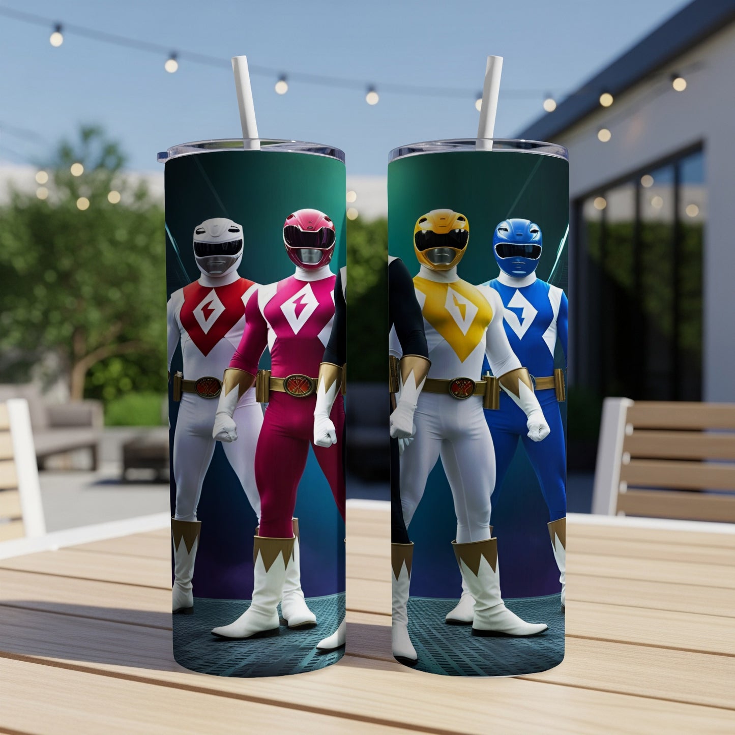 Two Power Rangers tumblers with white, pink, yellow, and blue rangers.