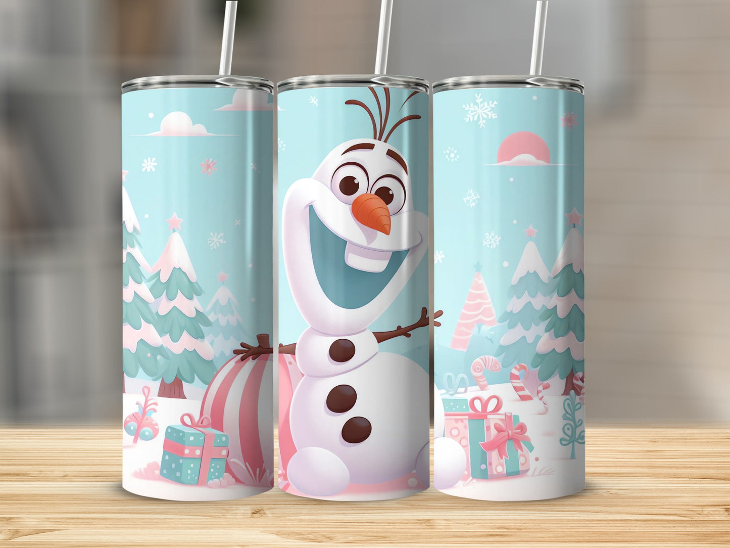 Cute Snowman and Trees Design Tumbler with Straw
