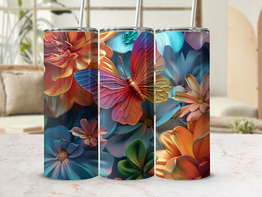 Tumbler with a butterfly and floral design in vibrant blue, orange, and teal hues.
