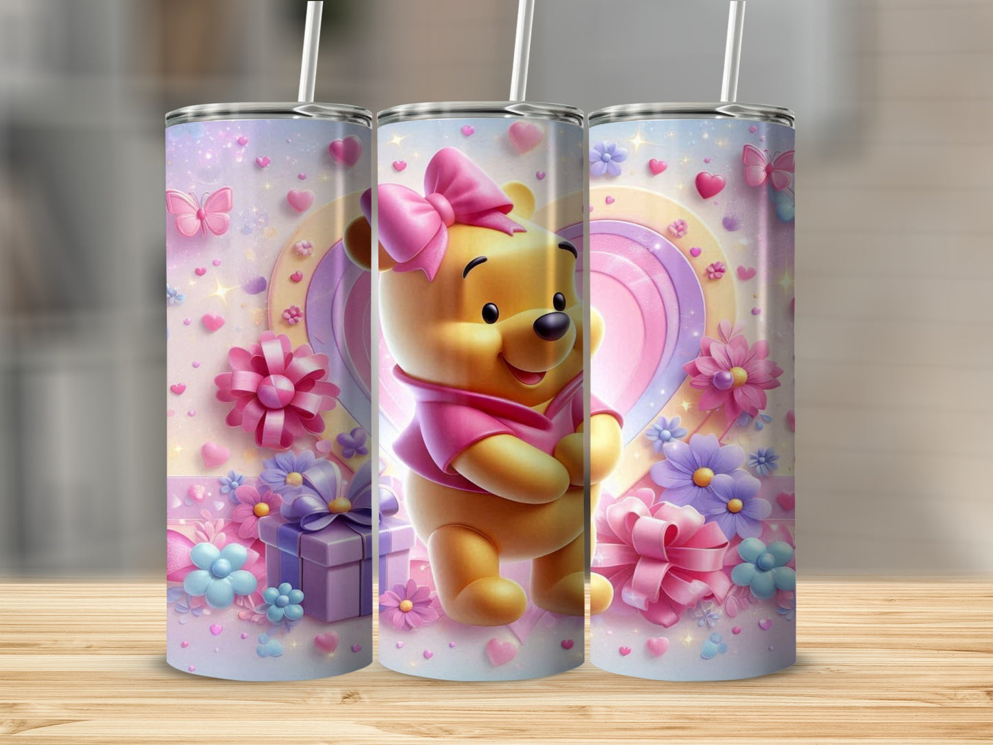 Cute Cartoon Bear with Pink Bows and Flowers Tumbler