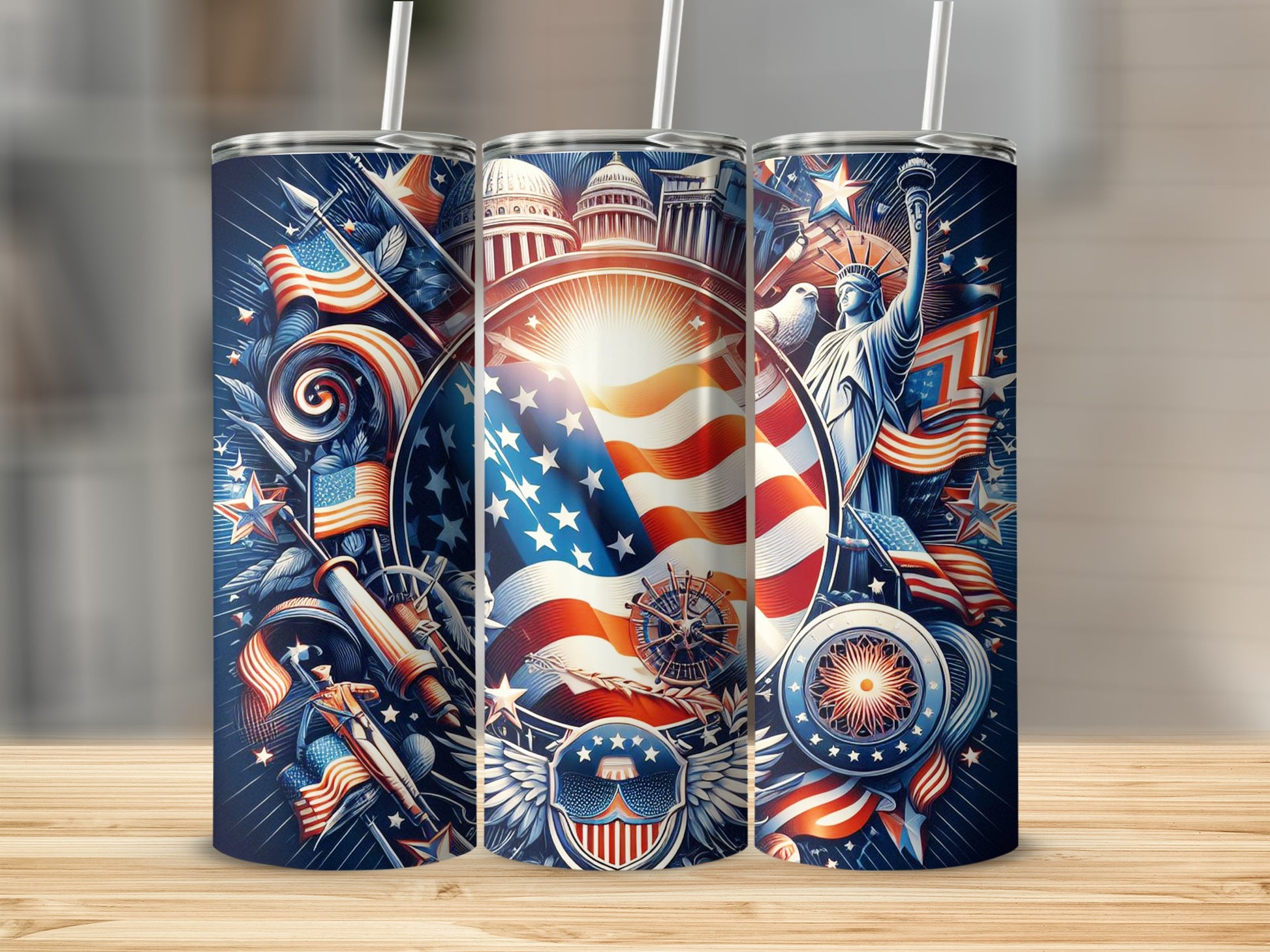 Patriotic tumbler with American flags, Statue of Liberty, and Capitol Building.