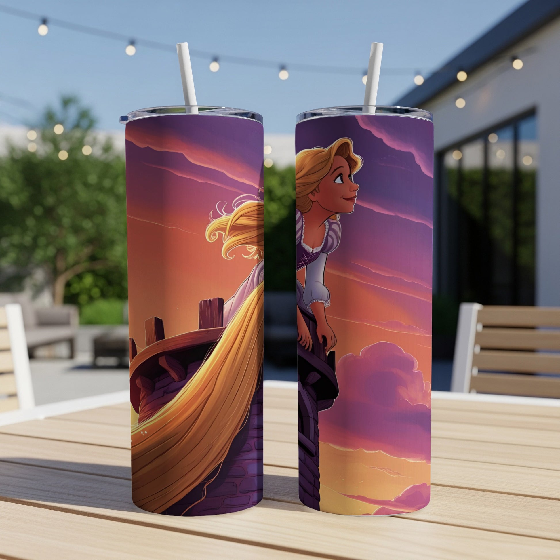 Rapunzel on a tower at sunset, long blonde hair flowing.