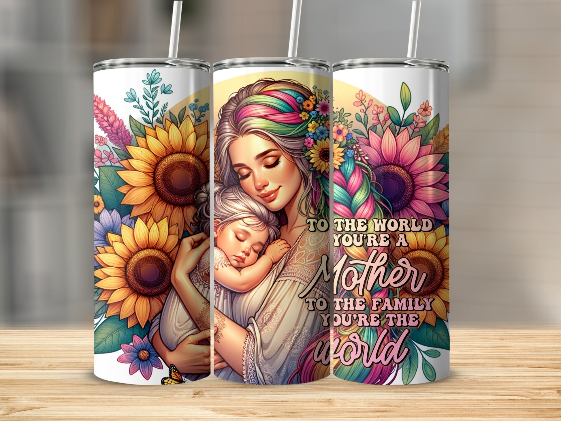 Mother holding baby surrounded by sunflowers and colorful flowers with text.