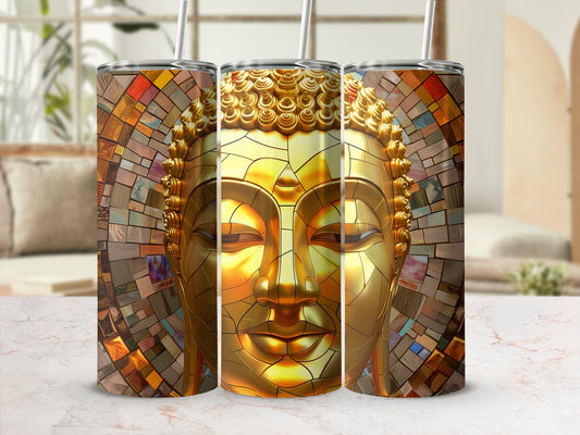 Golden Buddha face mosaic tumbler with straw.