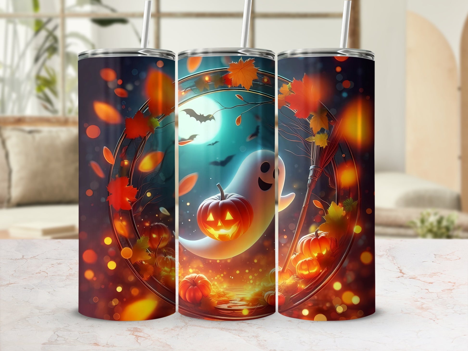 Three tumblers with a Halloween theme featuring a ghost, pumpkins, bats, and autumn leaves.
