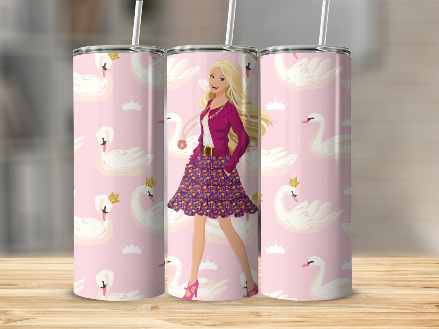 Barbie Girl with Swans Crowns Pattern on Pink Background Tumblers