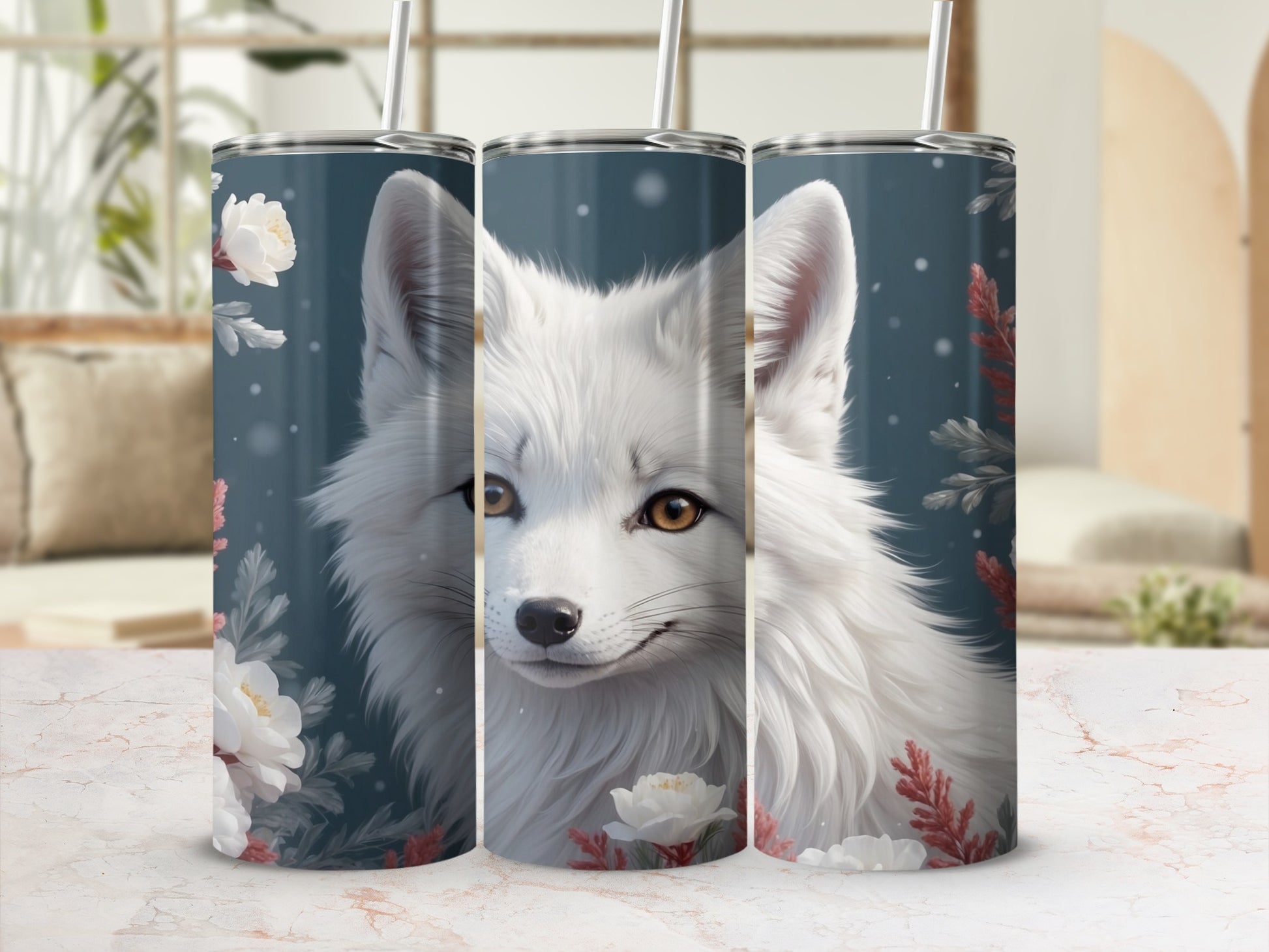White fox with floral accents on a cylindrical tumbler.