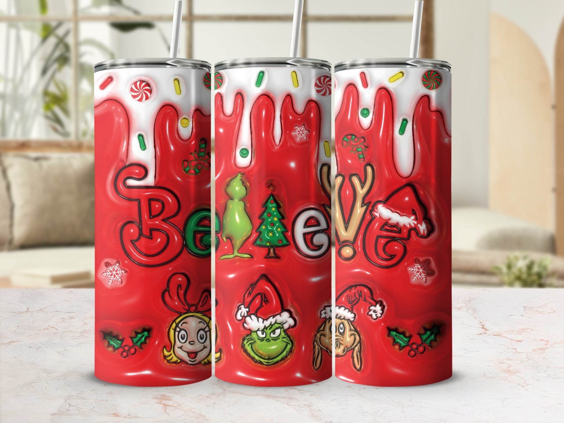 Believe Red Christmas Grinch Tumbler Cup with Lid