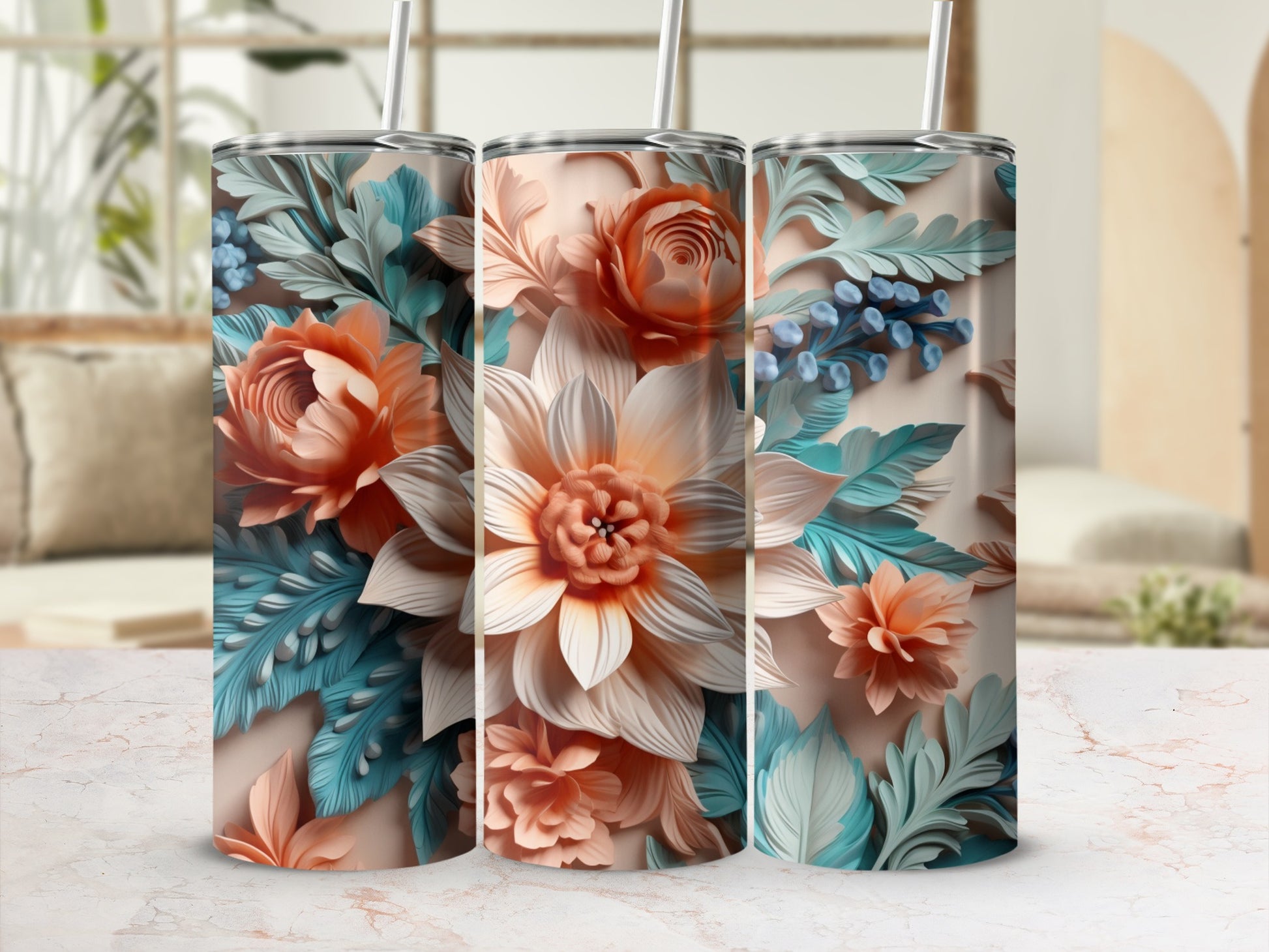 Three tumblers with realistic coral and teal floral designs.