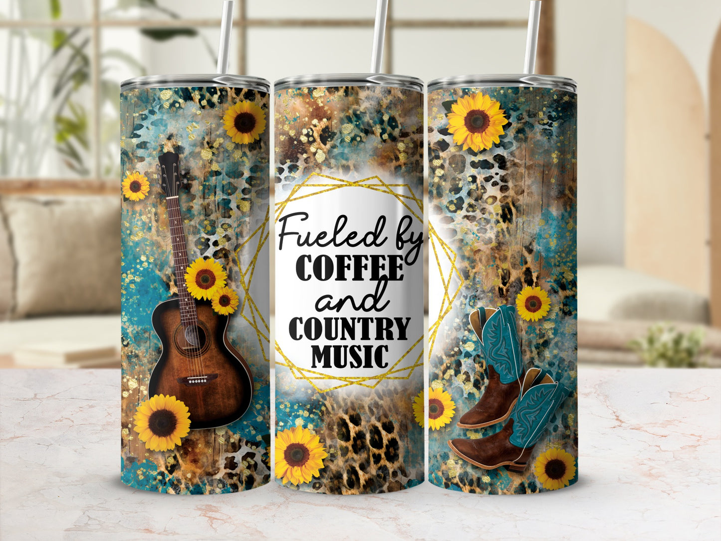 Tumbler with sunflowers, guitar, cowboy boots, and "Fueled by Coffee and Country Music" text.