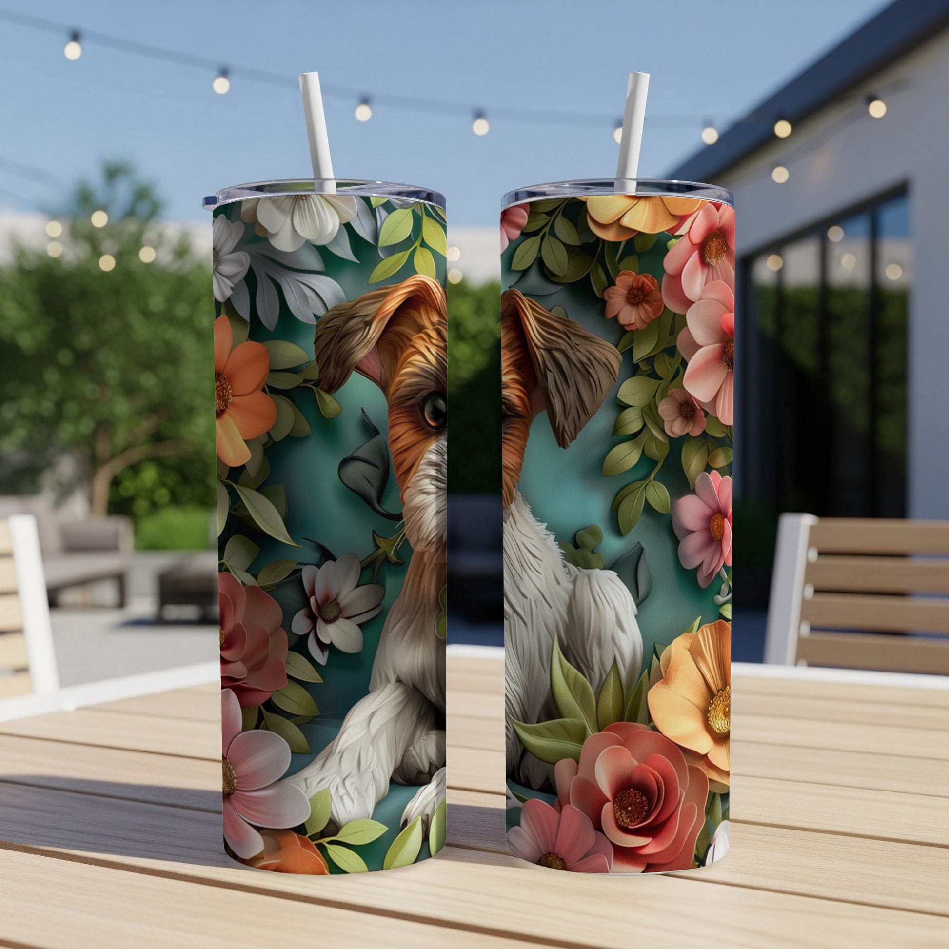 Two tumblers with a dog surrounded by colorful flowers.