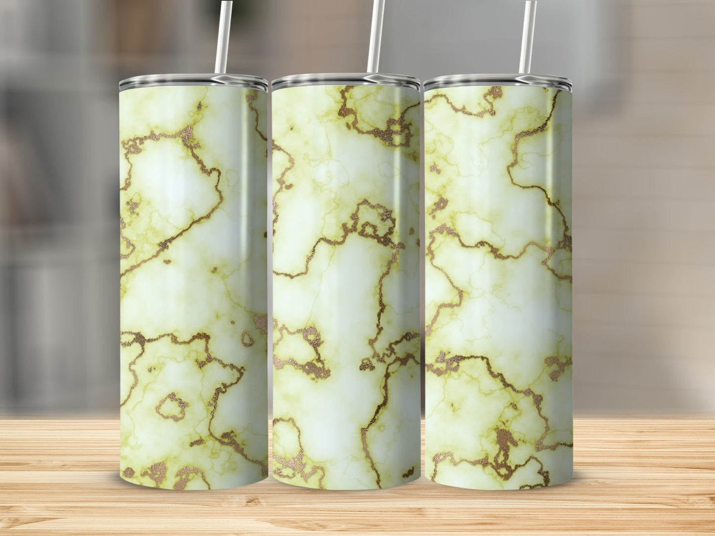Olive Green Swirls on Pale Yellow Marble Texture Tumblers