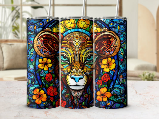 Colorful stained-glass style tumbler featuring a lion's face and floral accents.