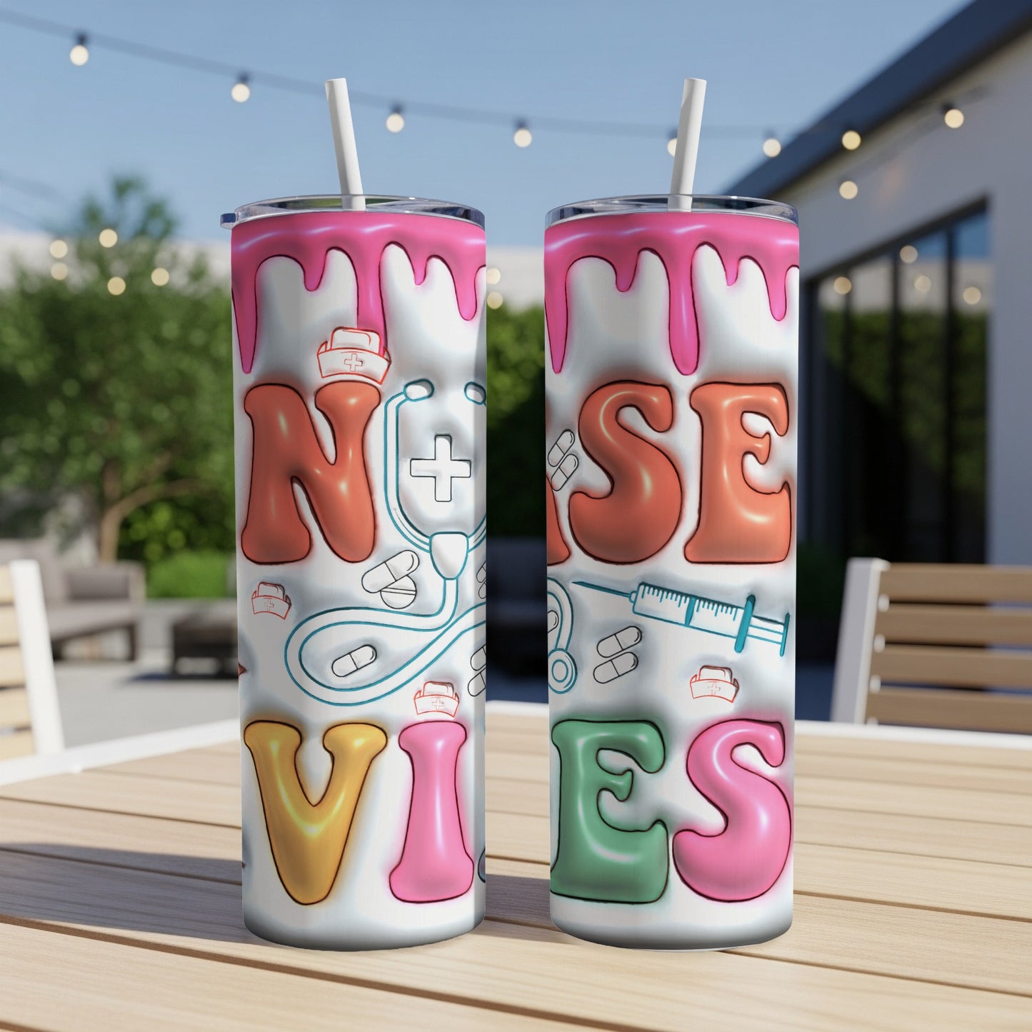 Nurse Vibes tumbler with medical icons and pink drip topping.