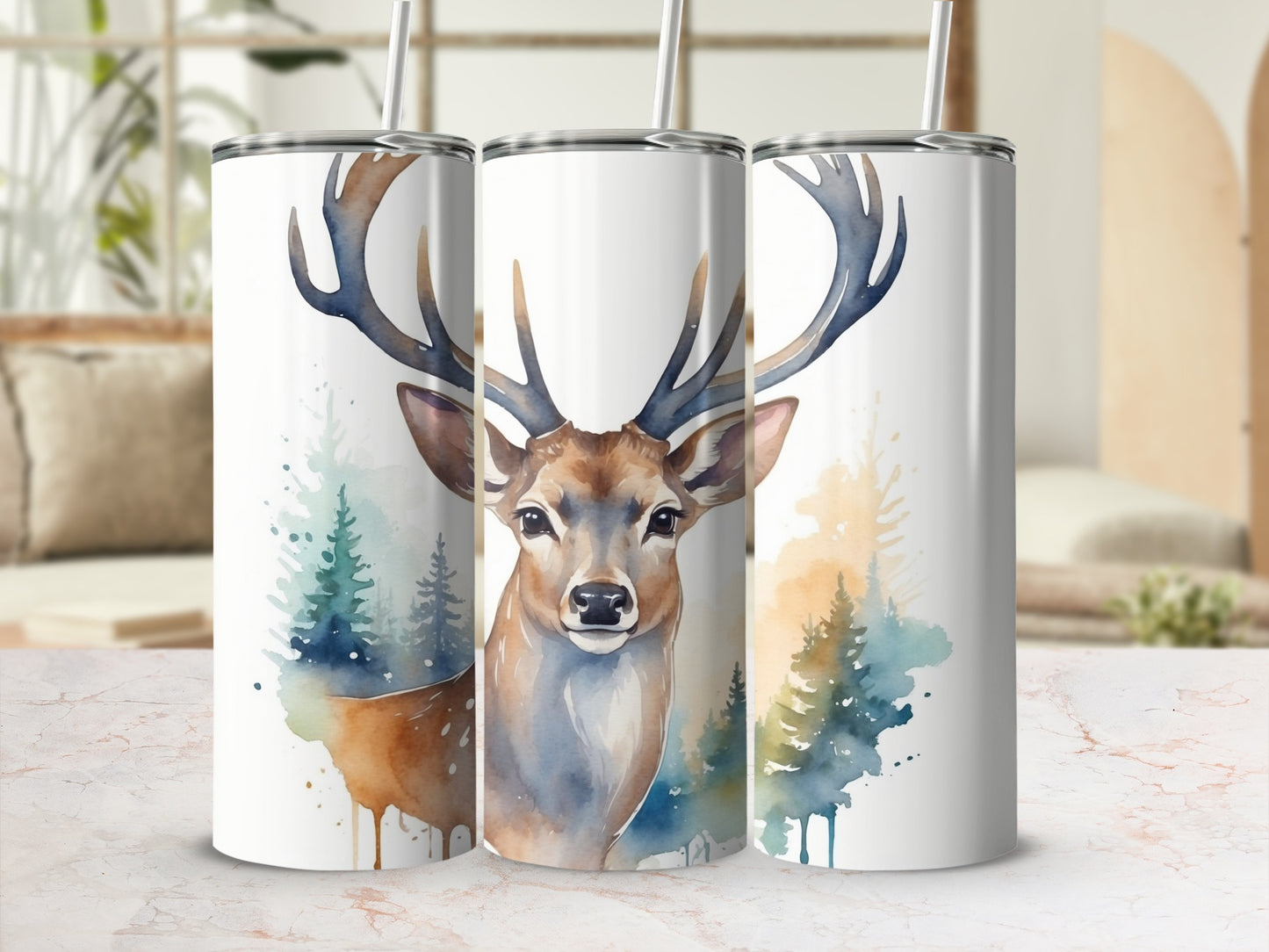 Watercolor deer with antlers and pine trees on a white tumbler.
