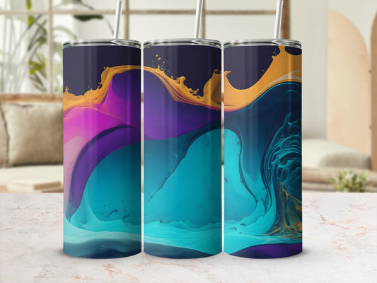 Three tumblers with abstract purple, pink, and yellow fluid art design.