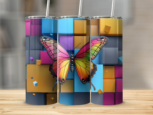 Colorful butterfly on 3D cube background tumbler.