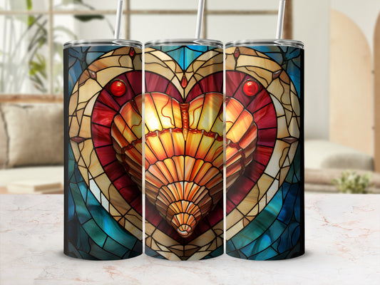 Three tumblers featuring a stained glass heart design with warm, jewel-toned colors.