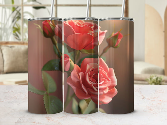 Three pink roses with green leaves on a textured background.
