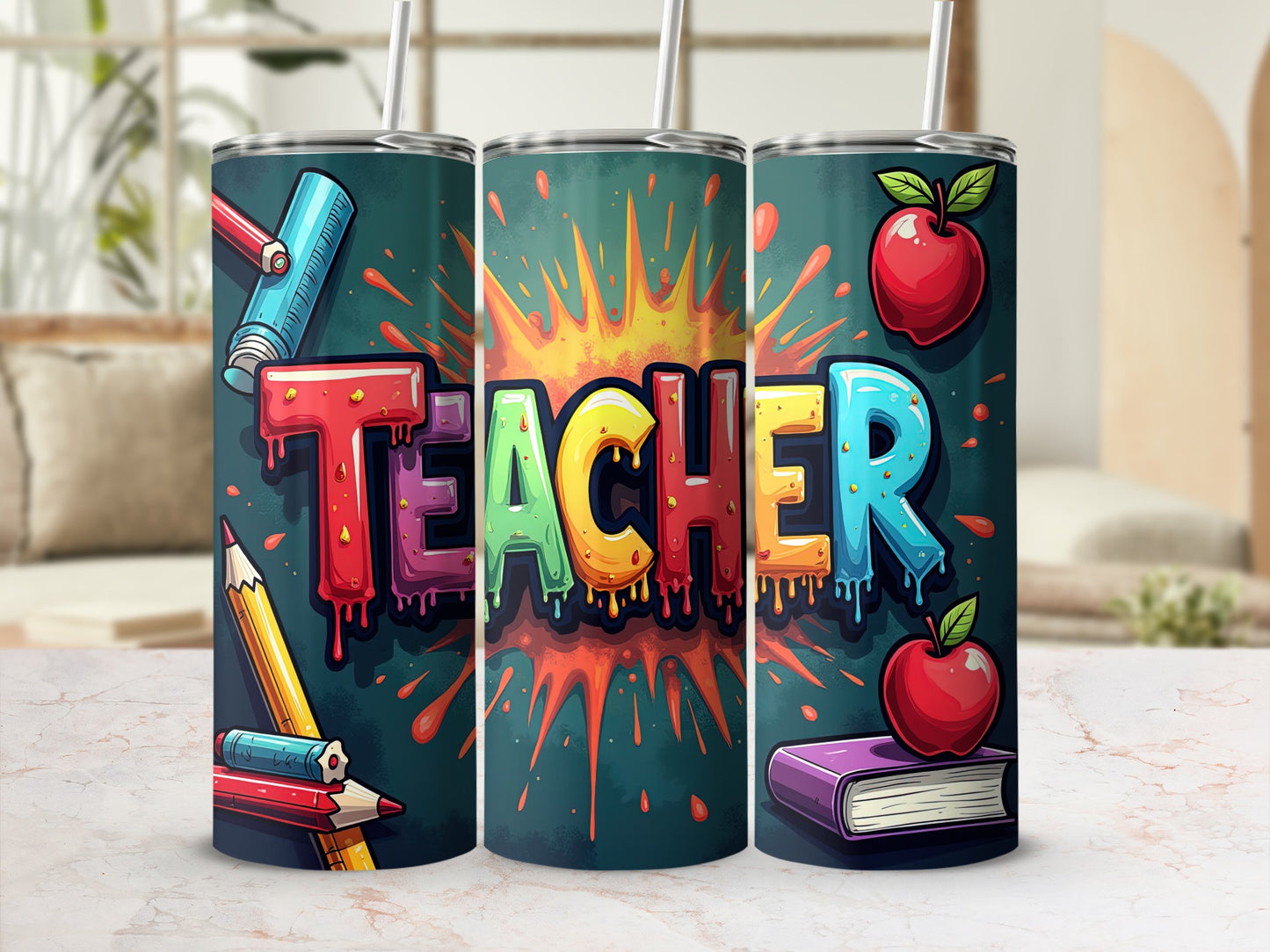Tumbling teacher tumbler with colorful letters, apples, pencils, and paint splatters.