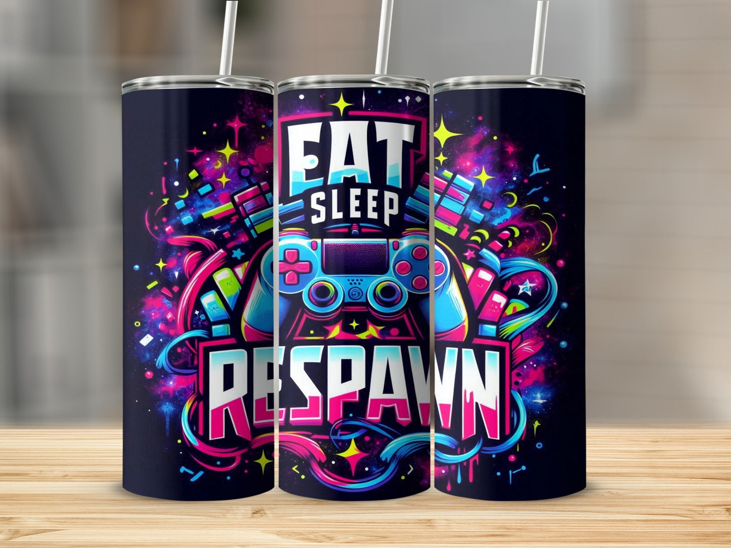 "Eat Sleep Respawn" text over a video game controller with colorful, abstract, glowing shapes.