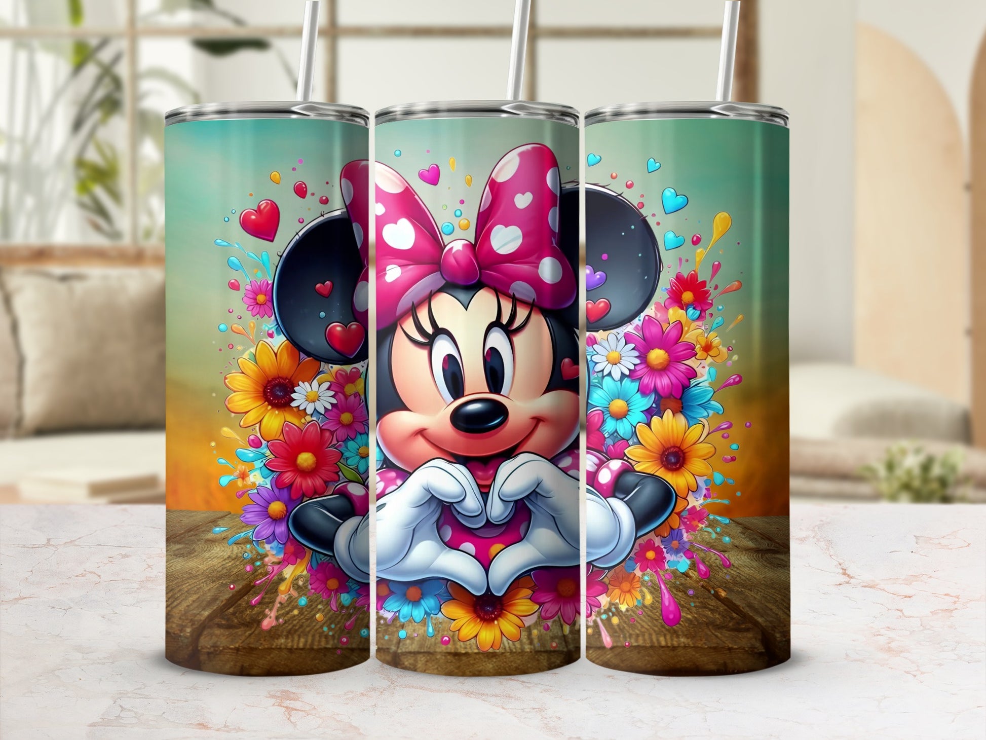 Minnie Mouse Heart Hand Gesture and Flowers Tumbler