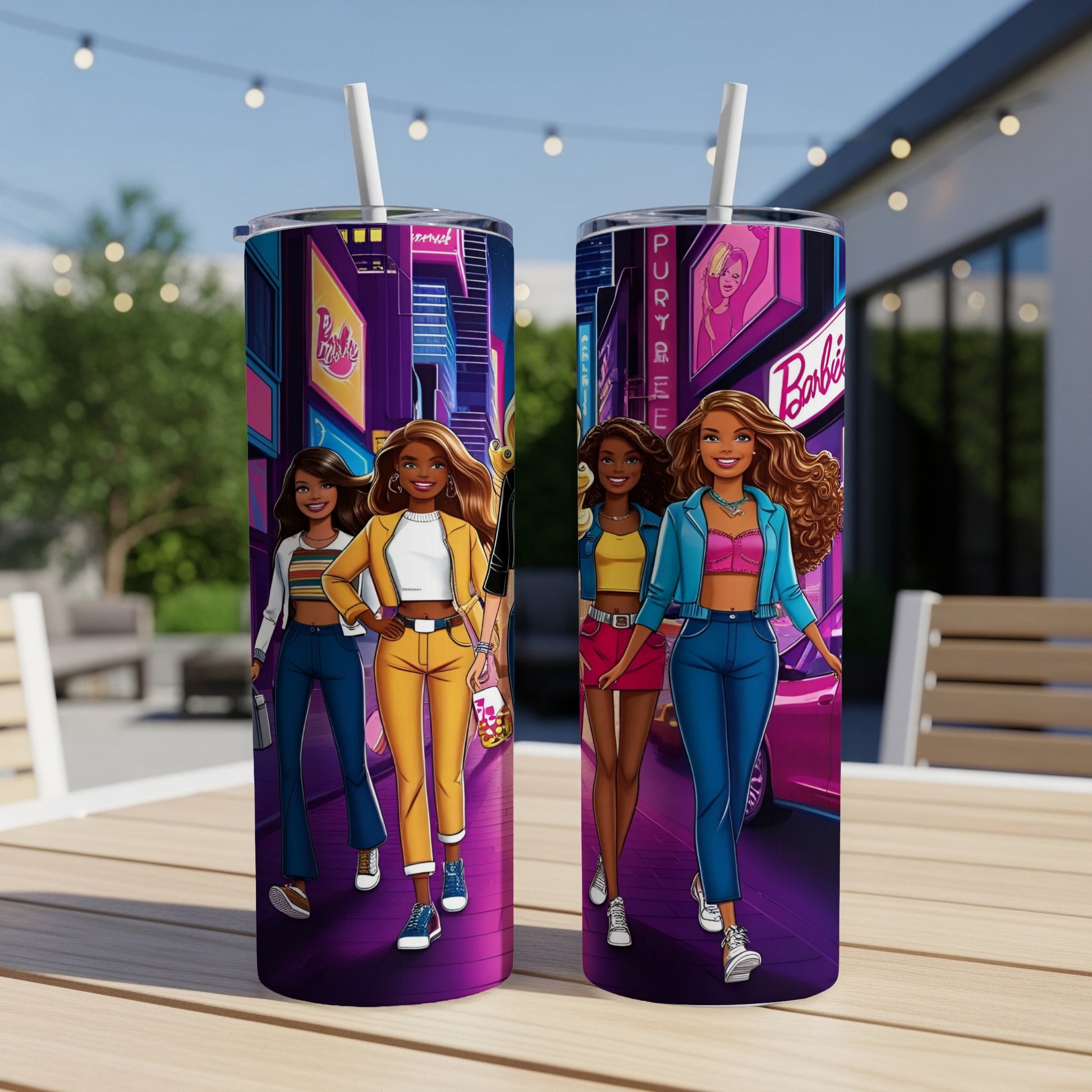 Barbie dolls in fashion outfits walk down a colorful city street at night.