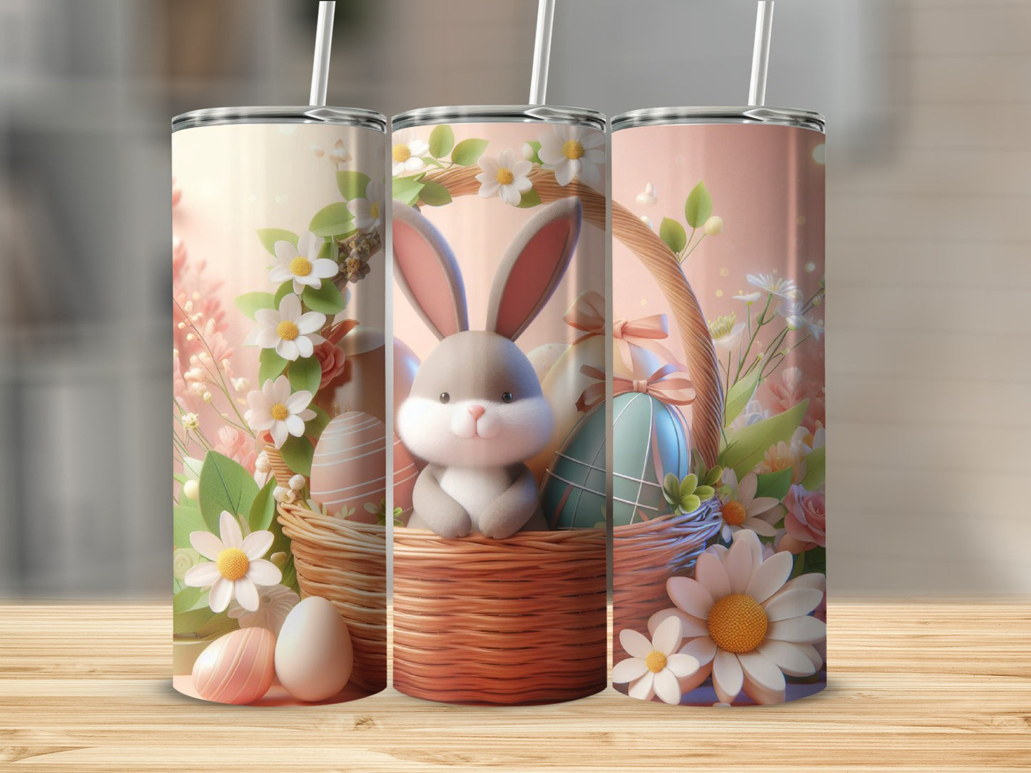 Easter bunny in basket with decorated eggs and flowers.