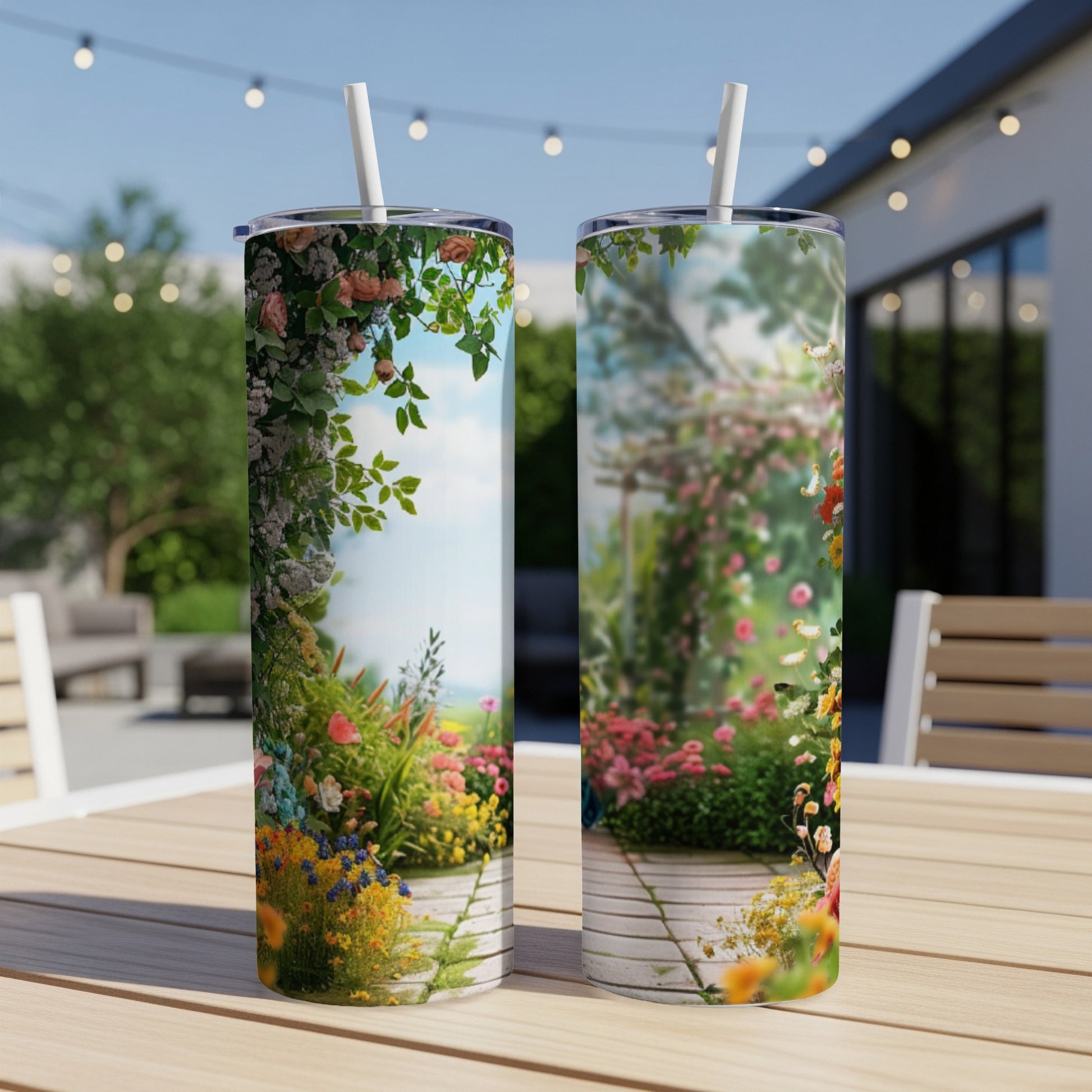 Two tumblers with a floral garden design and white straws.