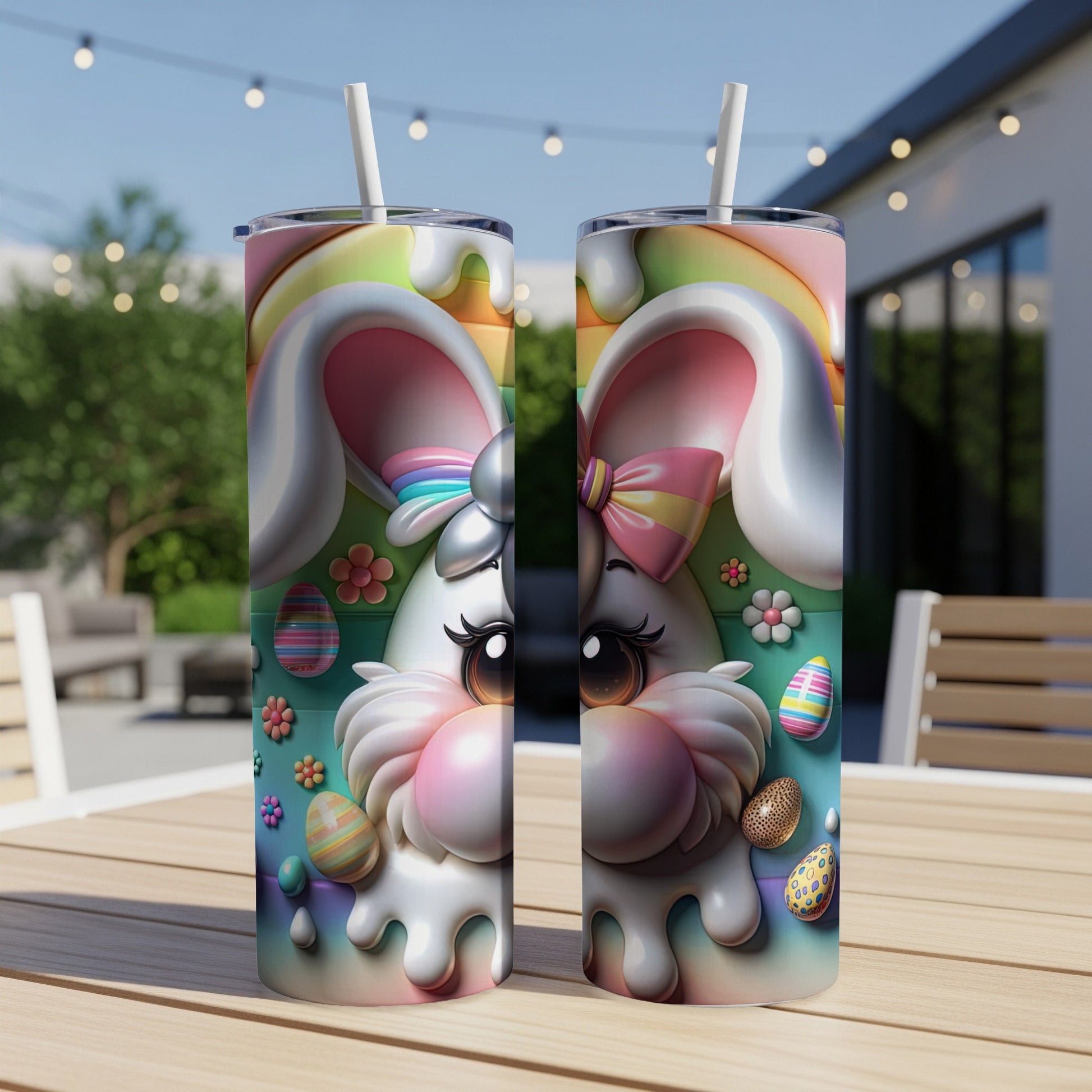 Two white Easter bunny tumblers with pink bows and colorful eggs.