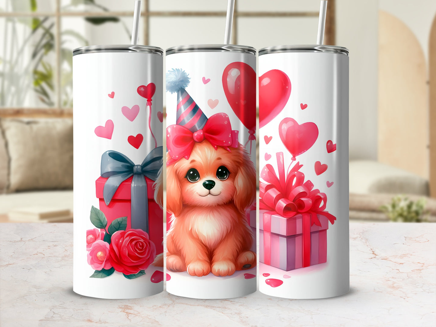 Three tumblers with a cute puppy wearing a party hat and balloons.