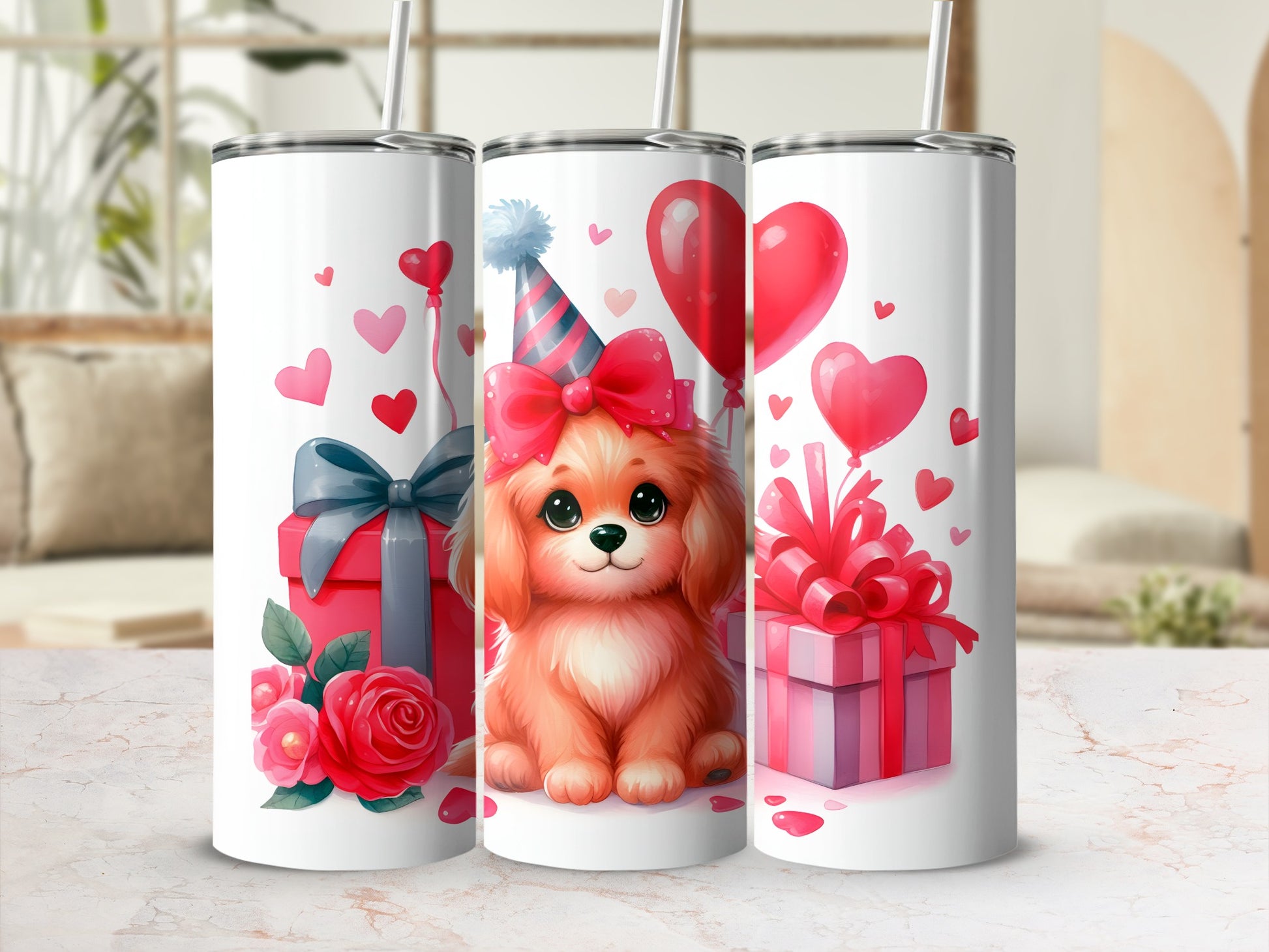 Three tumblers with a cute puppy wearing a party hat and balloons.
