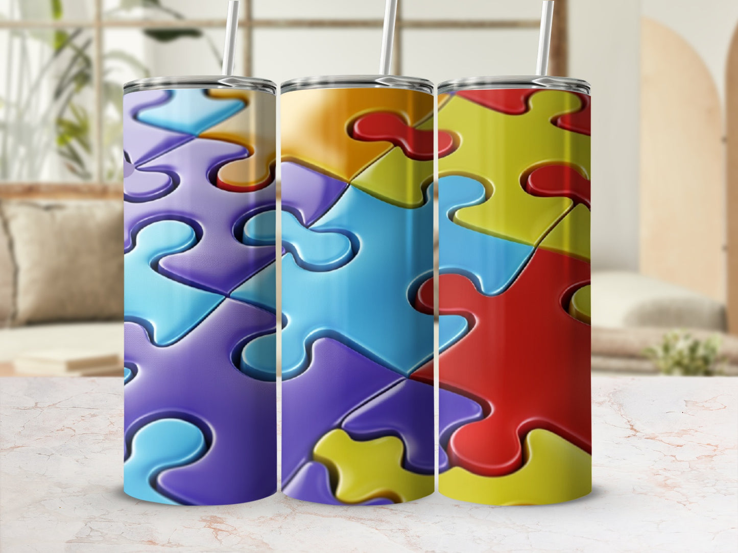 Three puzzle piece tumblers in purple, blue, yellow, and red against a blurred background.