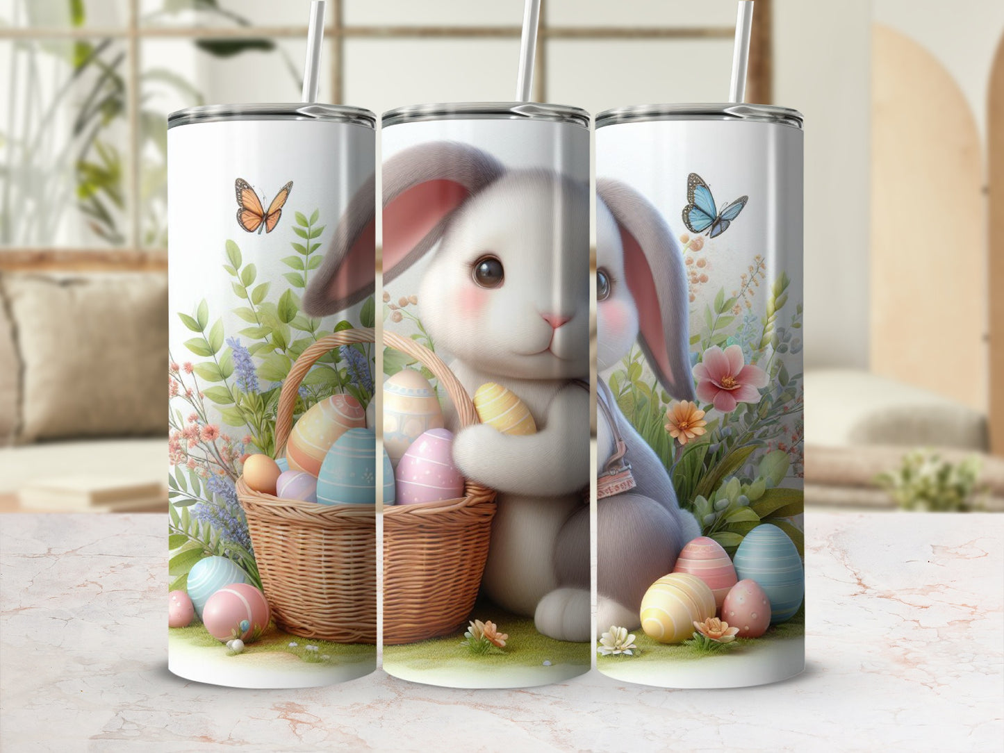 Easter bunny with basket of colorful eggs and butterflies, in a floral setting.