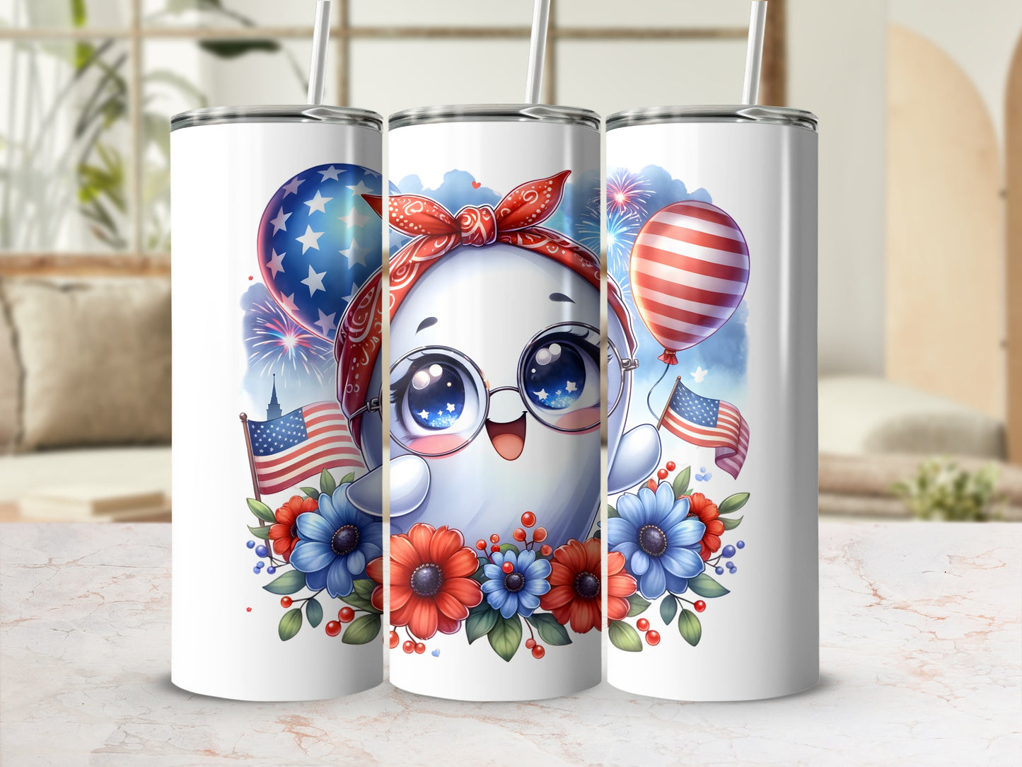 Cute cartoon ghost wearing a bandana, with American flags and balloons.