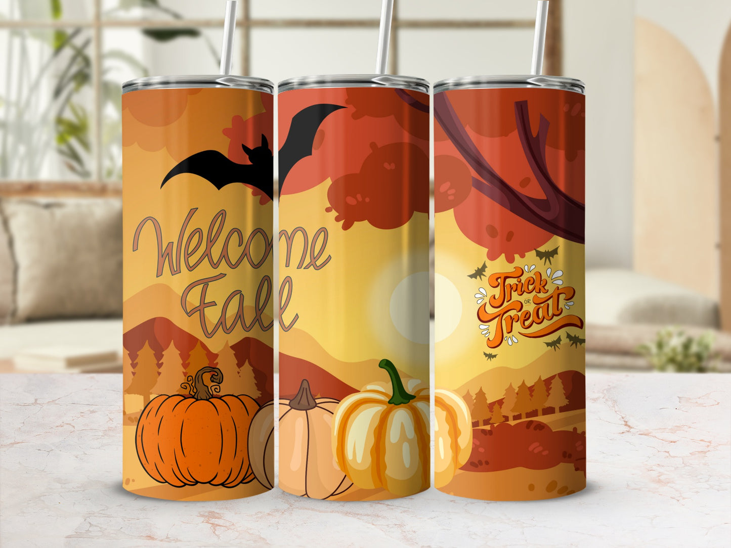 Welcome Fall Trick or Treat Tumbler Cup Halloween Flair