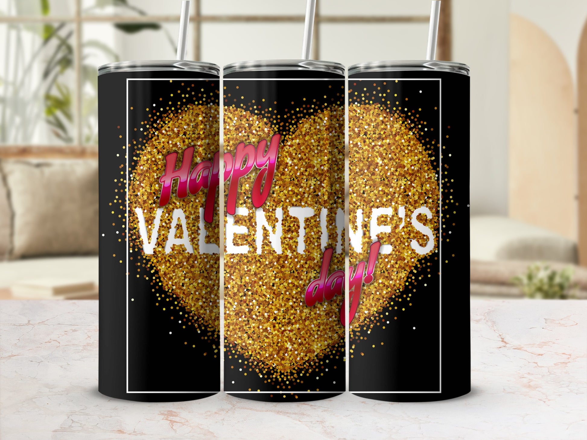 Happy Valentine's Day Gold Glitter Heart Tumbler