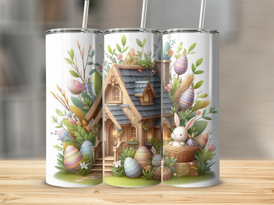 Easter themed tumbler with a cottage, bunny, and colorful eggs.