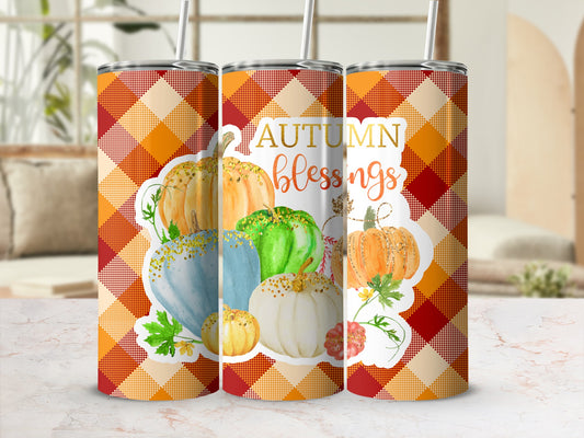 Three tumblers with plaid pattern and "Autumn Blessings" text with pumpkins.